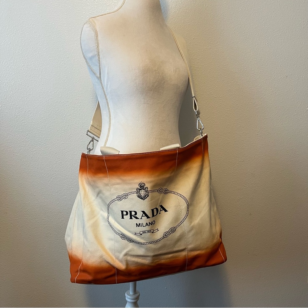 Prada Canapa Ombré Travel Tote w/ Crossbody Long Strap NWOT Grezzo Papay Canvas